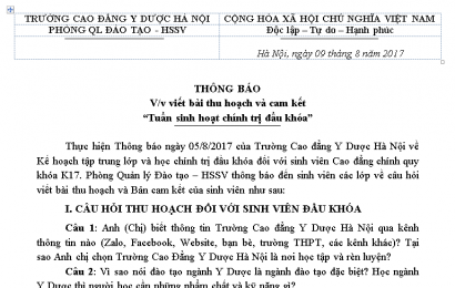 THÔNG BÁO viết bài thu hoạch và cam kết “Tuần sinh hoạt chính trị đầu khóa”