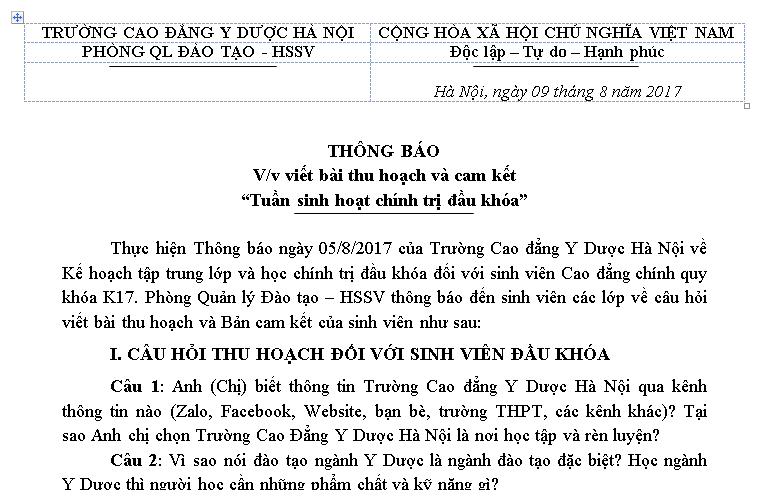 THÔNG BÁO viết bài thu hoạch và cam kết “Tuần sinh hoạt chính trị đầu khóa”