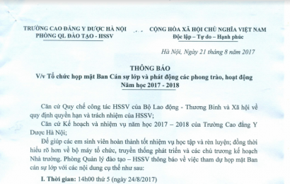 Thông báo tổ chức họp mặt Ban cán sự lớp năm học 2017 – 2018