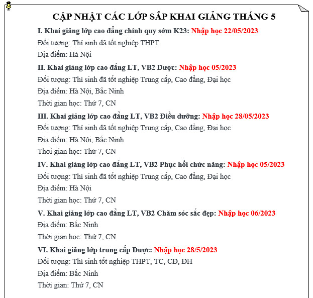 CẬP NHẬT CÁC LỚP SẮP KHAI GIẢNG THÁNG 5